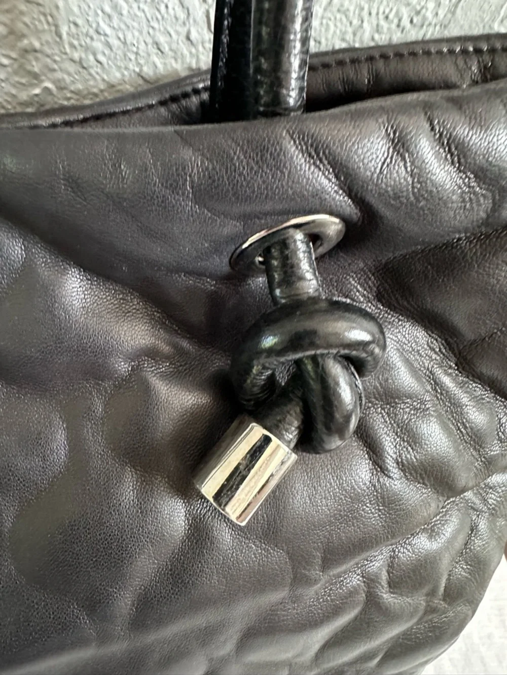 Lisa Conte Italy Black Leather Slouch Tote Bag Quilted Puffer Knot Handle Large